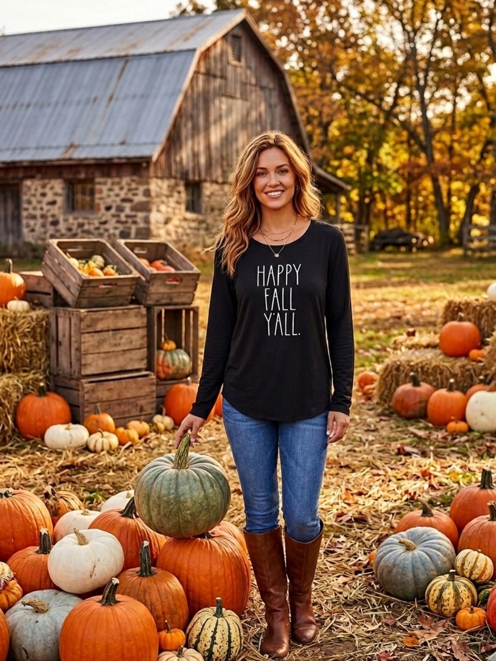 🍂🍁EUC Rae Dunn “Happy Fall Y’all” Longsleeve Graphic T-Shirt” Black🖤White🤍 XL